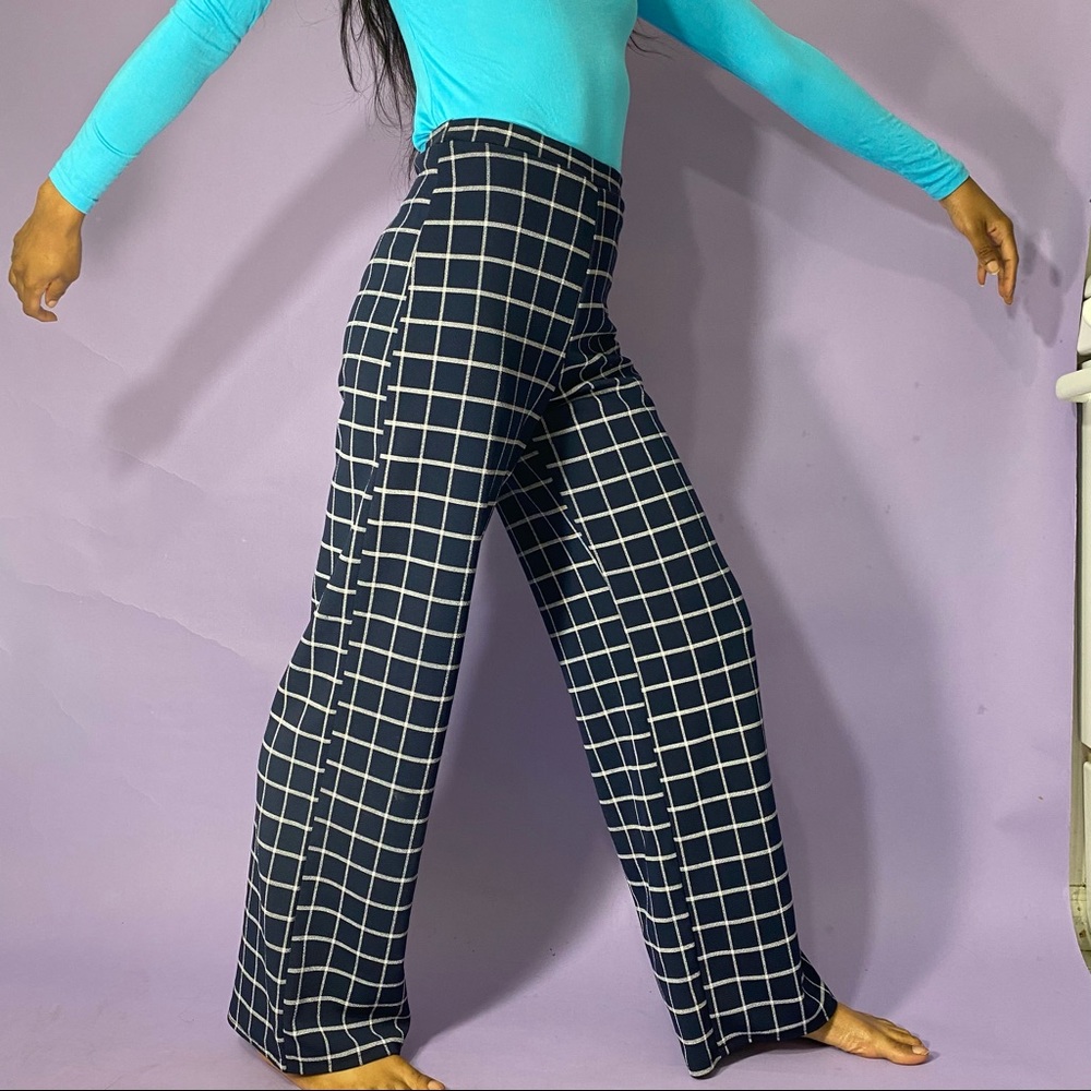 Navy Grid Print Trousers